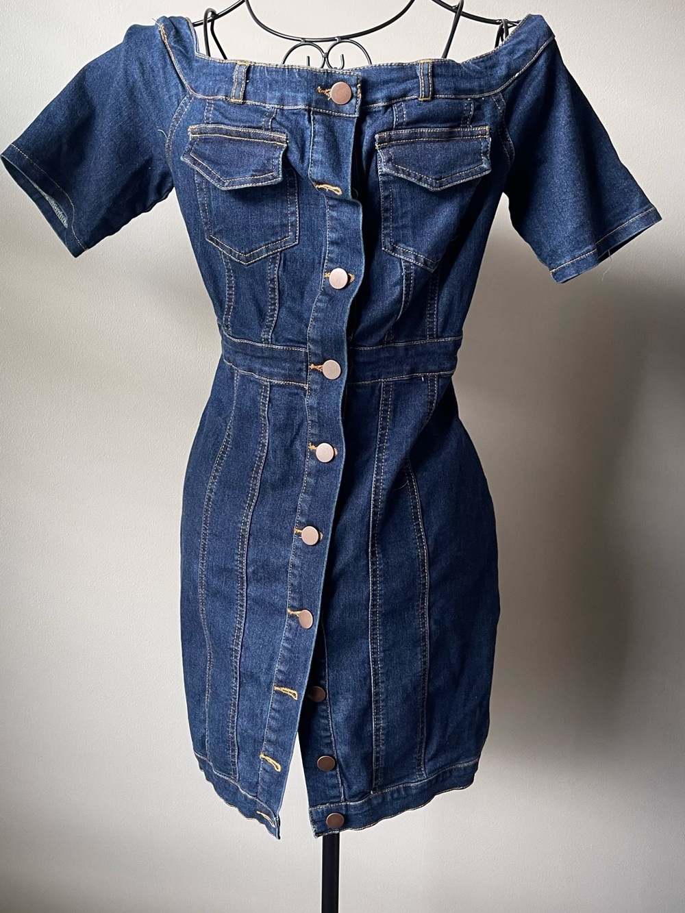 Fashion Nova Dark Blue Off-Shoulder Button-Front Denim Dress